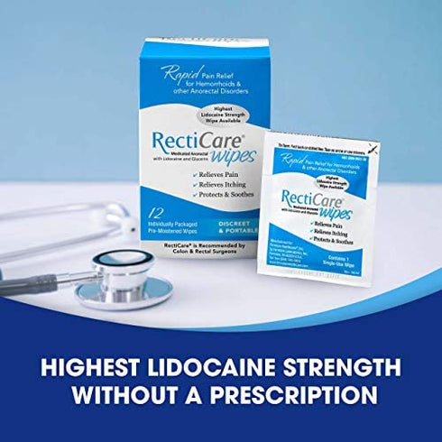 RectiCare Medicated Anorectal Wipes – 5% Lidocaine & Glycerin – 12 Pack