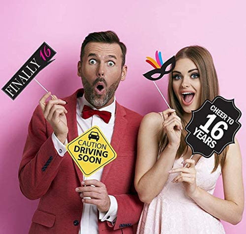 16th Sweet 16 Birthday Photo Booth Party Props - 40 Pieces - Funny 16th Birthday Party Supplies, Decorations and Favors
