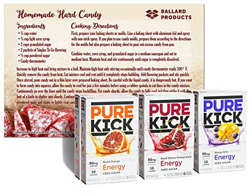 Pure Kick Energy Drink Mix Packets With Caffeine - Variety Pack | 3 Flavors - 2 Boxes Each | Mango Acai, Blood Orange, Black Cherry Pomegranate | Bundled with Ballard Hard Candy Recipe Card