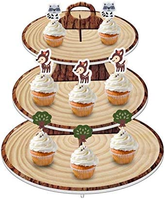 Wood-Grain 3-Tier Cardboard Cupcake Stand/Tower | Wild One, Woodland Animal Baby Shower Decorations, Camp-Fire Party Supplies, Lumberjack Theme Birthday Decor, Western Cowboy/Cowgirl Birthday Parties
