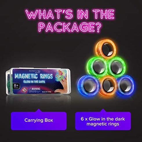 SCRATCHIEZ Magnetic Rings Fidget Toys for Adults and Children Kids | Glow in The Dark ADHD Fidget Rings | Best Magnet Toys – Finger Fidget Toys for Adults with Anxiety | Carrying Box for Work (6 Pack)