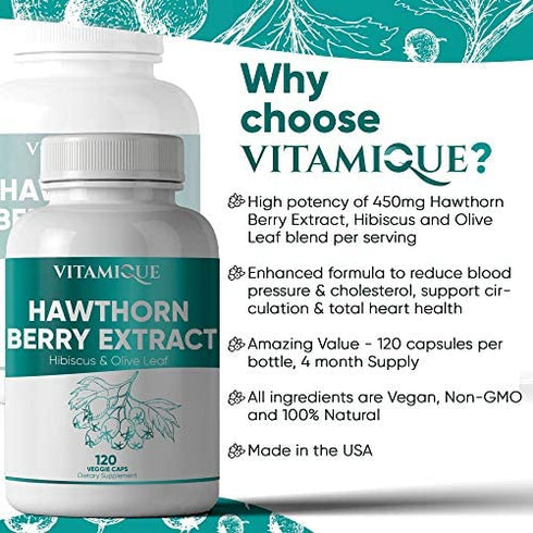 Hawthorn Berry Extract Hibiscus Olive Leaf Blend 450mg per serving, Heart Health High Blood Pressure Support Supplement Powerful Antioxidant,120 Veg Caps 4 Month Supply, Hawthorne Berry Capsules Vegan