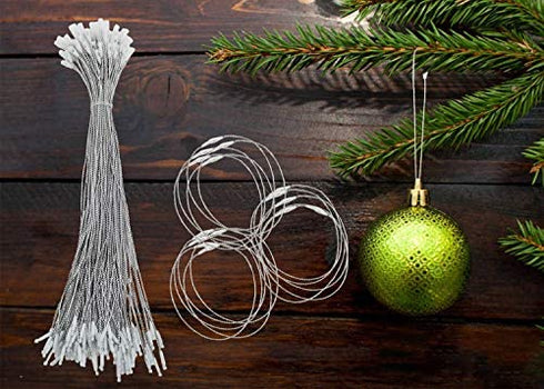 200pcs Christmas Ornaments String Hanger Silver Precut Ribbon Hook for Christmas Tree Ornament Decorations with Snap Fastener