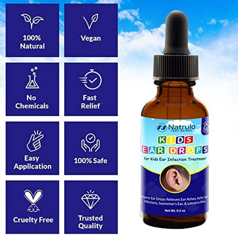 Natrulo Natural Ear Drops for Kids Ear Infection Treatment – Organic Children Ear Oil Drops Relieves Ear Aches, Itchy Ears, Infections, Swimmer's Ear, & Loosens Wax – Kids Safe, Made in USA