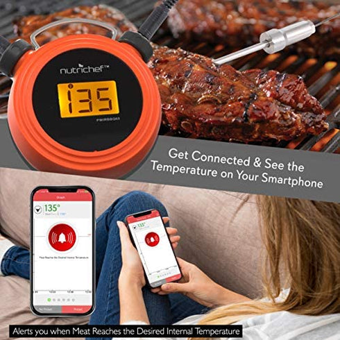 Smart Bluetooth BBQ Grill Thermometer - Digital Display, Stainless Dual Probes Safe to Leave in Outdoor Barbecue Meat Smoker - Wireless Remote Alert iOS Android Phone WiFi App - NutriChef PWIRBBQ60