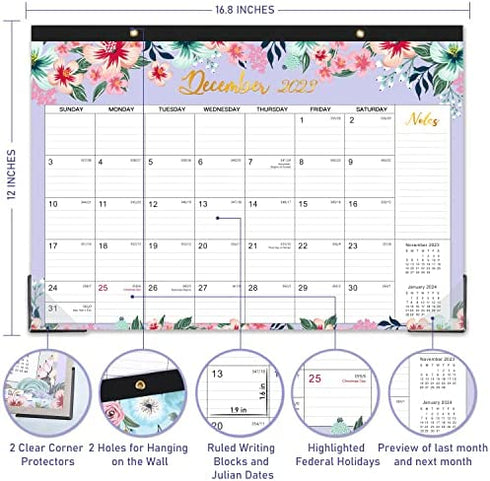 2023-2024 Desk Calendar - 18 Monthly Desk/Wall Calendar 2-in-1,16.8" x 12", Jan 2023 - Jun 2024, Thick Paper with Corner Protectors, Large Ruled Blocks - Floral