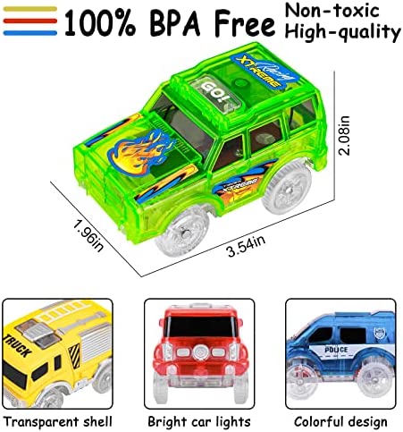 Tracks Cars Replacement Only, Light Up Magic Cars for Tracks Compatible with Glow in The Dark Toy Cars with 5 LED Flashing Lights for Most Race Tracks Only Toy Cars Track Car Accessories (4 Pack)