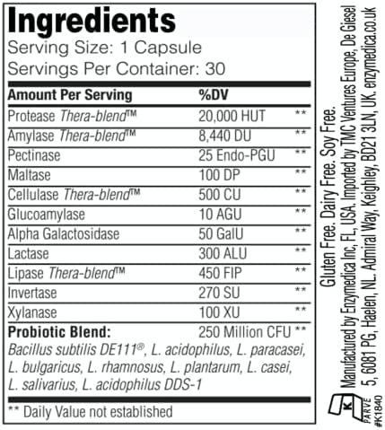 Enzymedica, Digest Basic + Probiotics, Gentle Enzymes for Digestive Health, Breaks Down Carbs, Fats and Proteins with Protease, Amylase and Lipase, 750 Million CFU, Vegetarian, 30 Capsules