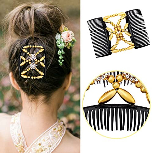 Aethland 4 Pcs Hair Combs for Women Accessories, Comby Magic Hair Comb for Women Wood Beaded Stretch Double Hair Side Combs Clips Elastic Beaded Hairpins Combs (Set A)
