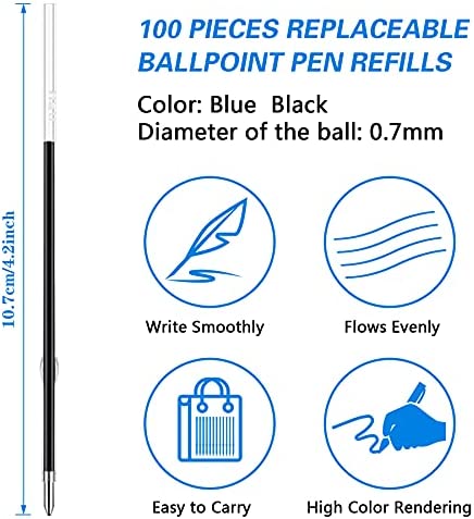 100 Pieces Ink Pen Refills Replaceable 0.7mm Ballpoint Pen Refills 4.2inch Blue Black Ink Refills Smooth Writing Pen Refills for Retractable Pens Office School Supplies (Black Blue)