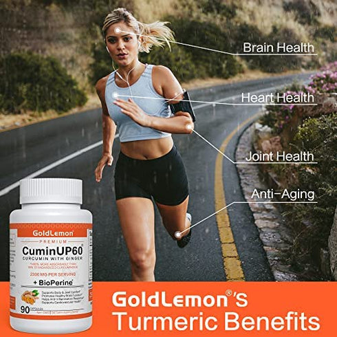 Turmeric Curcumin with Black Pepper & Ginger 2300 MG, GOLDLEMON Anti Inflammatory Supplement with BioPerine & CuminUP60-Curcuma Longa Extract-Gluten Free, Non GMO, No Side Effects-90 Capsules