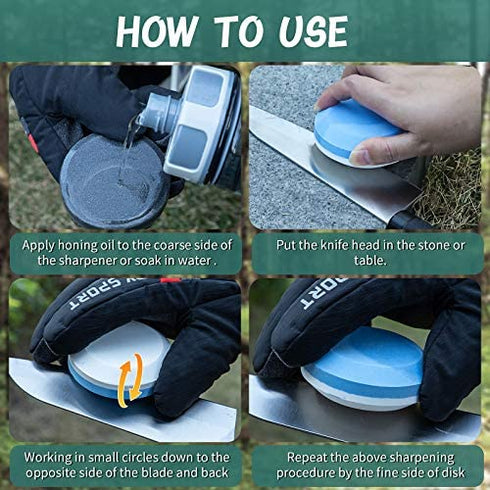4 Axe Sharpener Tools with Sheath, Multipurpose Axe Sharpener Stone Axe Dual Grit Sharpener Puck Camping Hatchet Sharpening Stone Disk in Black and Blue for Dull Axe Sharpening (Diameter 7.7 cm)