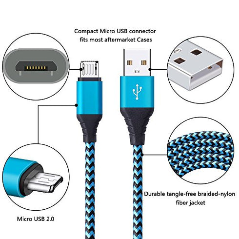 Android Charger Cable, FiveBox 3-Pack 6ft Micro USB Cable Cord Braided Fast Charging Phone Charger for Samsung Galaxy J3 J7 S6 S7 Edge, Tablet, LG stylo 2/3 LG G3 G4 V10 K20 Plus, Blu, Kindle Fire 7 8