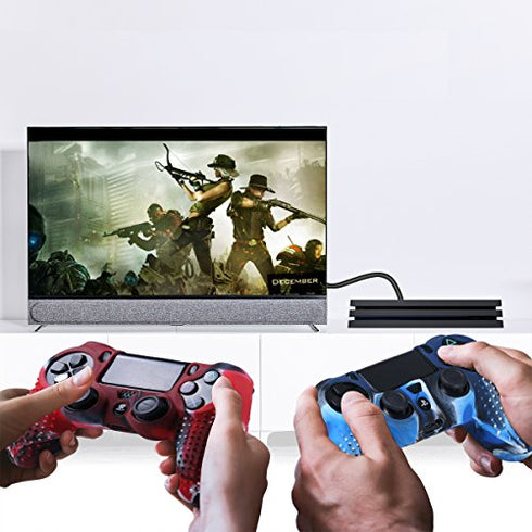 Silicone Skin for PS4 Controller - Anti-Slip Covers for PS4 - Protector Case for PS4/Slim/Pro Accessories - 2 Pack PS4 Controller Skins - 4 Pairs Thumb Grips for PS4- Camo Blue & Camo Red