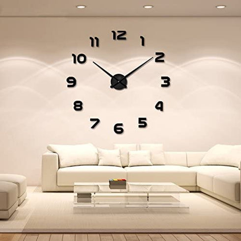 Frameless 3D DIY Wall Clock Mirror Surface Decorative Clock Large Mute Wall Stickers for Living Room Bedroom Home Decorations (Black)
