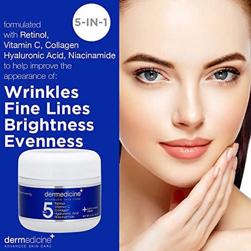 5 in 1 Retinol, Vitamin C, Collagen, Hyaluronic Acid and Niacinamide | Potent Face Cream which May Help Improve Appearance of Fine Lines and Wrinkles and Reduce Appearance of Dark Spots | 2 oz / 60ml
