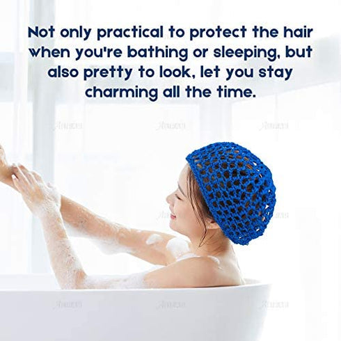AUEAR, Mesh Crochet Hair Net Thick Short Hair Net Snoods Cover Women Hairnet for Sleeping (3 Pack, Blue)