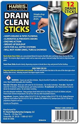 Harris Drain Clean Sticks, Drain Clog Remover and Odor Eliminator for Sinks, Tubs and Showers, 12 Pack