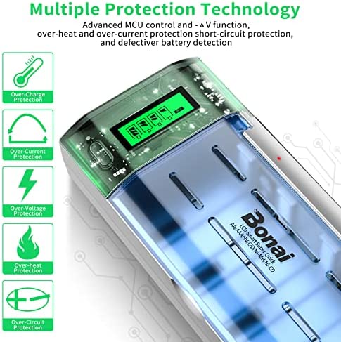 BONAI LCD Smart Battery Charger for C D AA AAA 9V NiMH NiCD Rechargeable Batteries with Refresh Function