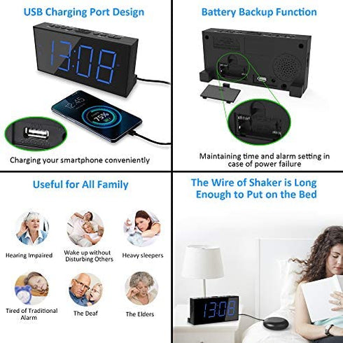 Super Loud Alarm Clock with Bed Shaker, Vibrating Alarm Clock for Heavy Sleepers Hearing Impaired Deaf Teens, Dual Alarm Clock with 7.5’’ Large Display, USB Charger, Dimmer, Snooze & Battery Backup