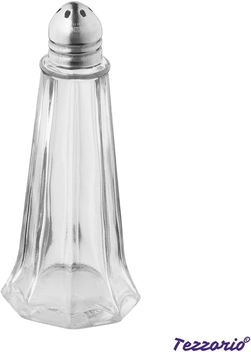 (Set of 12) 1 oz. Tower Salt and Pepper Shakers, Tall Glass Body Mini Salt and Pepper Shakers for Restaurant by Tezzorio