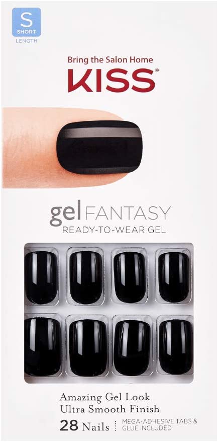 KISS Gel Fantasy Ready-to-Wear Press-On Gel Nails, “Aim High”, Short, Black, Nail Kit with 24 Mega Adhesive Tabs, Pink Gel Glue, Manicure Stick, Mini File, and 28 Fake Nails
