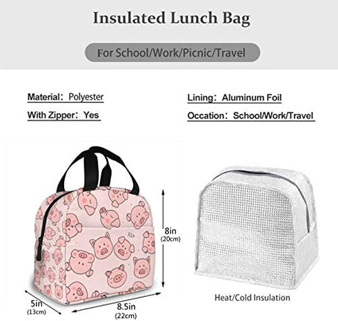 Cute Pigs Lunch Bag for Women Insulated Lunch Box with Front Pocket for Work Reusable Cooler Tote Bag for Office School Picnic Hiking Beach
