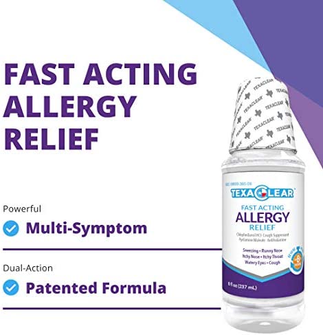 TexaClear Allergy Relief - Fast Acting Dye Free Liquid Cough Suppressant & Antihistamine – 8 Hour Relief (8 fl oz)