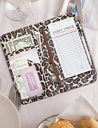 Zreal Server Book for Waitress, 5 X 9 Leopard Serving Books with Zipper Pouch, Magnetic Closure Pocket with High Volume, Cute Waitress Book Organizer with Money Pocket Fit Server Apron (Light Leopard)