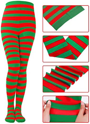 SATINIOR 4 Pieces Elf Christmas Women Costume Santa Elf Hat Elf Shoes Christmas Striped Tights Stocking Multicoloured