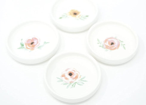 Set of 4 Floral Ring Holder Dish Bowls- Trinket Tray or Boho Plain White Jewelry Dish Tray Personalized - Gift Favor Ring Tray - CEDAR + INK