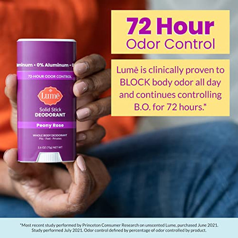 Lume Solid Deodorant Stick - Whole Body Deodorant - Aluminum-Free, Baking Soda-Free, Hypoallergenic, Safe For Sensitive Skin - 2.6 Ounce Solid Stick (Peony Rose)