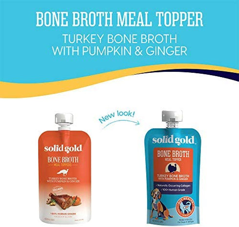 Solid Gold Turkey Bone Broth for Dogs - Grain Free Dog Food Topper Rich in Collagen and Superfoods - Nutrient Dense Dog Gravy Topper for Dry Food - Promotes Gut Health and Hydration - Single