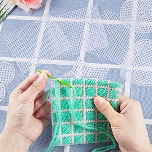 Pllieay 60 Pieces Mesh Plastic Canvas Kit Including 6 Shapes 3 Inch Clear Plastic Canvas, 12 Colors Acrylic Yarn and Tools for Embroidery Plastic Canvas Craft, Knit and Crochet Projects