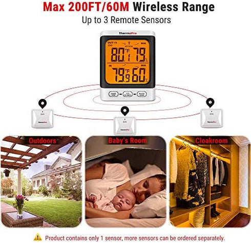 ThermoPro TP62 Indoor Outdoor Thermometer Wireless Weather Hygrometer, 200ft/60m Range Temperature Humidity Sensor, Backlight Indoor Room Thermometer for Home Greenhouse Garden