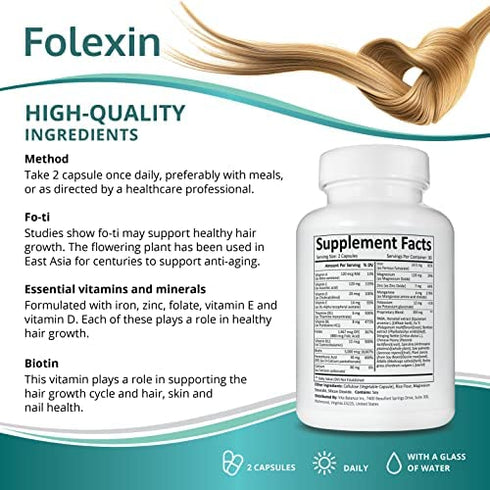 Folexin Hair Growth Support Supplement for Women & Men with Biotin, Vitamin B6 & Other Hair Vitamins for Thicker Hair Growth & Hair Health Support. 60 Capsules