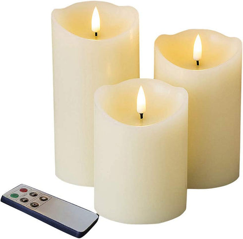 Eywamage Real Wick Wax Flameless Candles with Remote Set of 3, Electric LED Pillar Candles Battery Operated Ivory Timer Fake Candles, 3 Inch Diameter 4 5 6 Inch Tall