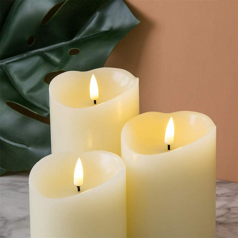 Eywamage Real Wick Wax Flameless Candles with Remote Set of 3, Electric LED Pillar Candles Battery Operated Ivory Timer Fake Candles, 3 Inch Diameter 4 5 6 Inch Tall