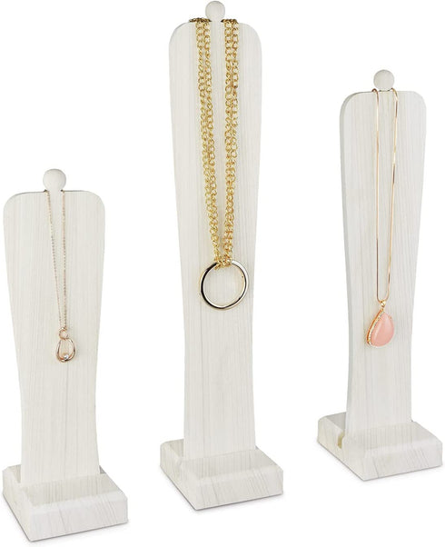 Mooca 3Pcs Wooden Freestanding Necklace Display Stand Holder with Multiple Height, 18 1/8" H, 15 1/4" H, 12 3/8" H, White Color