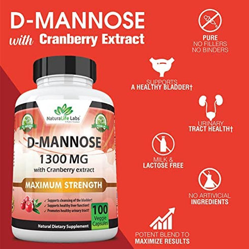 D-Mannose 1,300 mg with Cranberry Extract Fast-Acting, Flush Impurities, Natural Urinary Tract Health- 100 Veggie Capsules