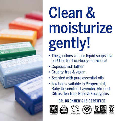 Dr. Bronner’s - Pure-Castile Bar Soap (Baby Unscented, 5 ounce, 2-pack) - Made with Organic Oils, For Face, Body, Hair, Gentle for Sensitive Skin, Babies, No Added Fragrance, Biodegradable, Vegan