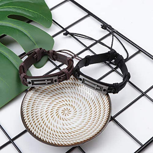 SAILIMUE 4 Pcs Cross Leather Bracelet for Men Religious Cross Tag Bangle Leather Wristband Adjustable Drawstring Bracelet Set