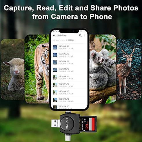 Trail Camera Viewer Compatible with iPhone iPad Mac Android, 4 in 1 SD and Micro Card Reader to View Photos from Wildlife Hunting Game Camera on Smartphone Compatible with iOS, Android Devices