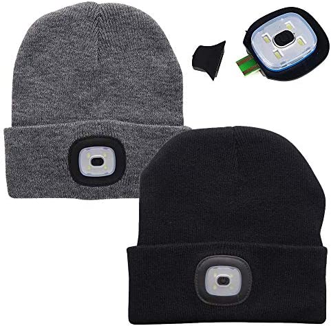 LED Lighted Beanie Cap, Rechargeable 4 LED Head Lamp Hat, Winter Warm Cycling Hunting Knitted Hat LED Lighted Cap Led Stocking Caps Hat Cap Hands Free Unisex Lighted Beanie Cap (2 Pack)