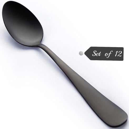 Matte Black Dessert Spoon, Seeshine 6.8-inch Stainless Steel Black Teaspoon, Suitable for Family, Kitchen, Restaurant, Set of 12, Dishwasher Safe