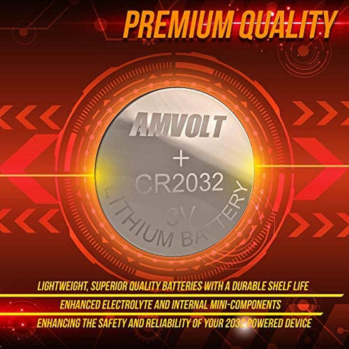 AmVolt- Pack of 12 CR2032 Batteries, 220mAh 3 Volt Lithium Battery, Long Lasting Coin Cell 2032 Batteries for Small Electronic Devices