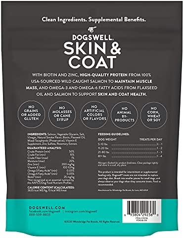 Dogswell Jerky Skin and Coat – Mini Salmon Jerky Dog Treats with Dog Skin & Coat Support (4 oz. Salmon)