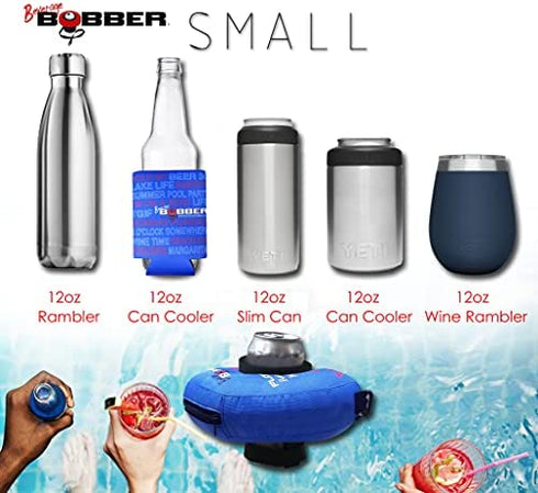 BLUE SMALL - Human Bobber Inflatable Floating Drink Holder – Beverage Bobber Drink Float for Tumblers, Yeti, Tervis, or Wine Bottle in the Hot Tub, Pool or Boat (SMALL 12oz Cans or Bottles)