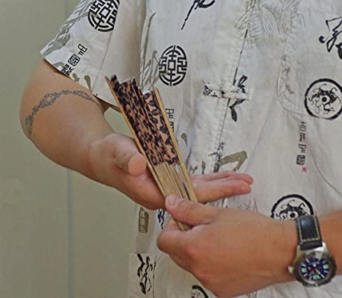 Hand Fan Bamboo Leopard Printed Folding Fan Cotton For Party Wedding Gift with Fan Cover