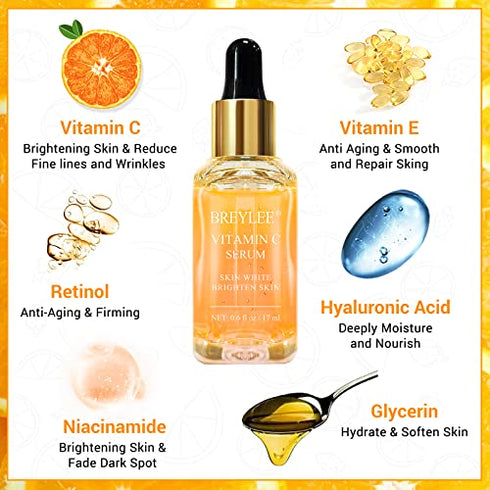 Vitamin C Serum for Face, BREYLEE Vitamin C Facial Serum, Moisturizing Face Serum, Anti Aging Serum for Skin Care, Brightening Skin with Hyaluronic Acid, Vitamin E, Retinol, Nicotinamide 0.6 Fl Oz